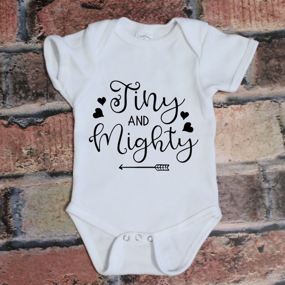 Tiny and Mighty - tittle baby onsies with hearts